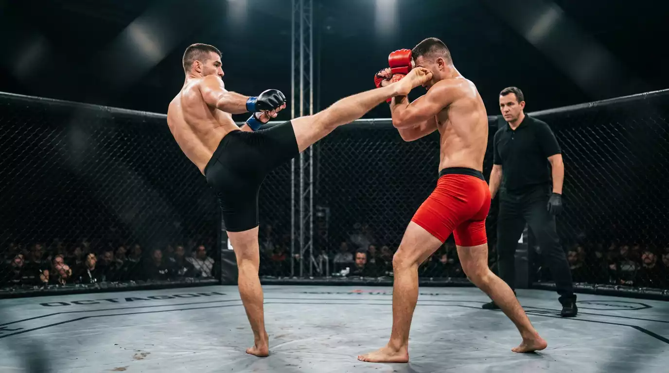 Doi luptători MMA în octogon în timpul unui meci profesionist