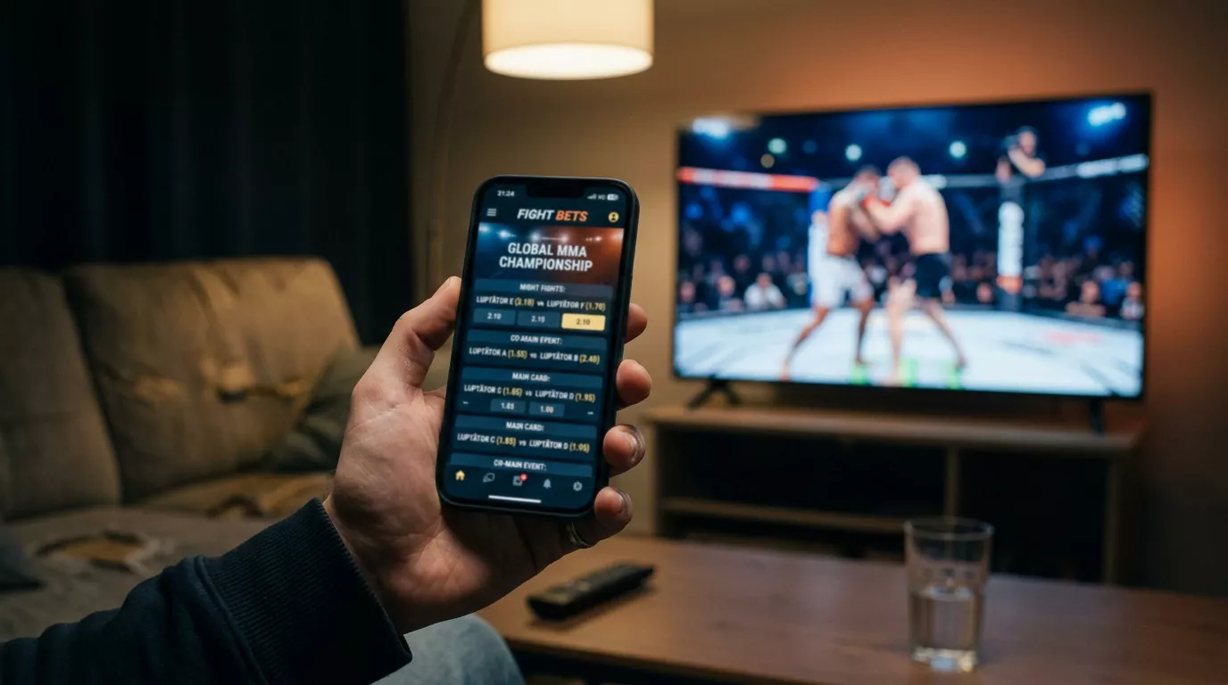 Telefon mobil cu aplicație de pariuri sportive MMA pe fundal cu steagul României