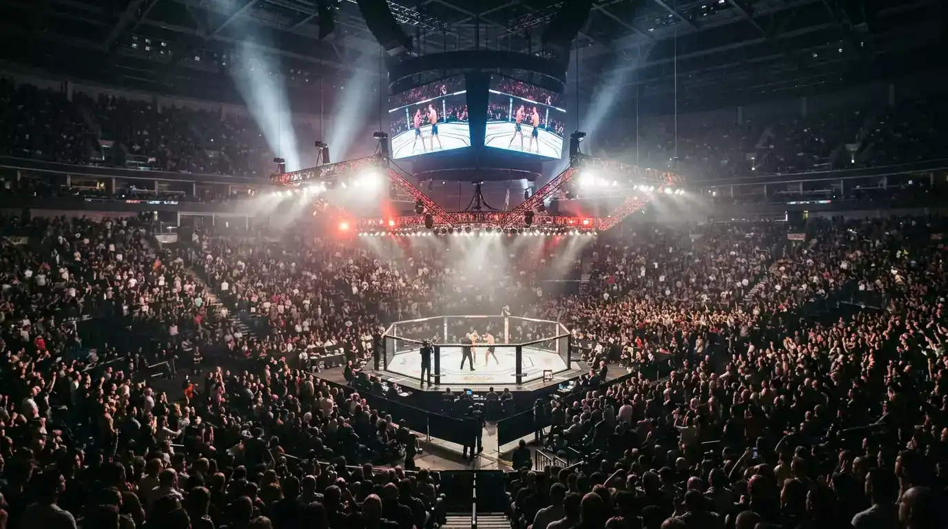 Eveniment MMA cu spectatori în arenă și cușcă octogon iluminată